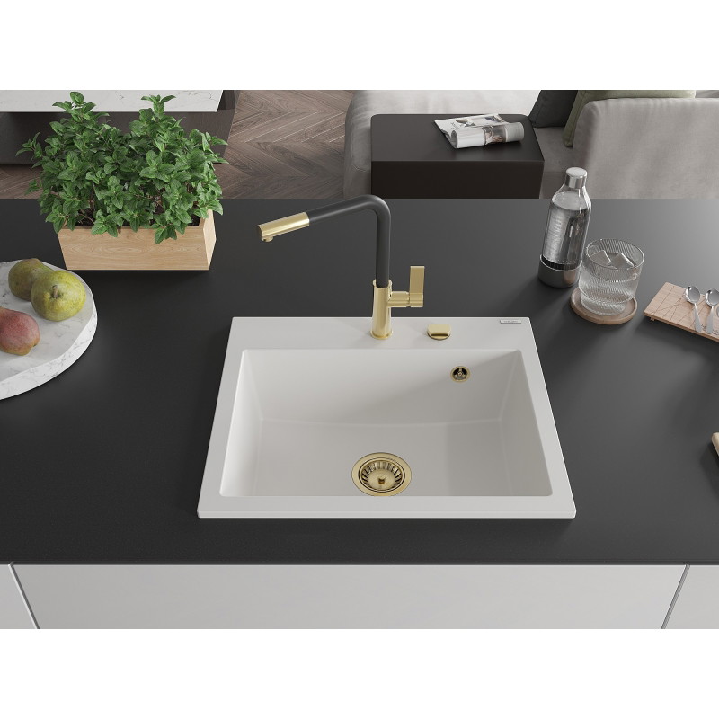 Mexen Oscar 1 lizdo granito kriauklė 580 x 490 mm, balta, auksinis sifonas - 6519581000-20-G