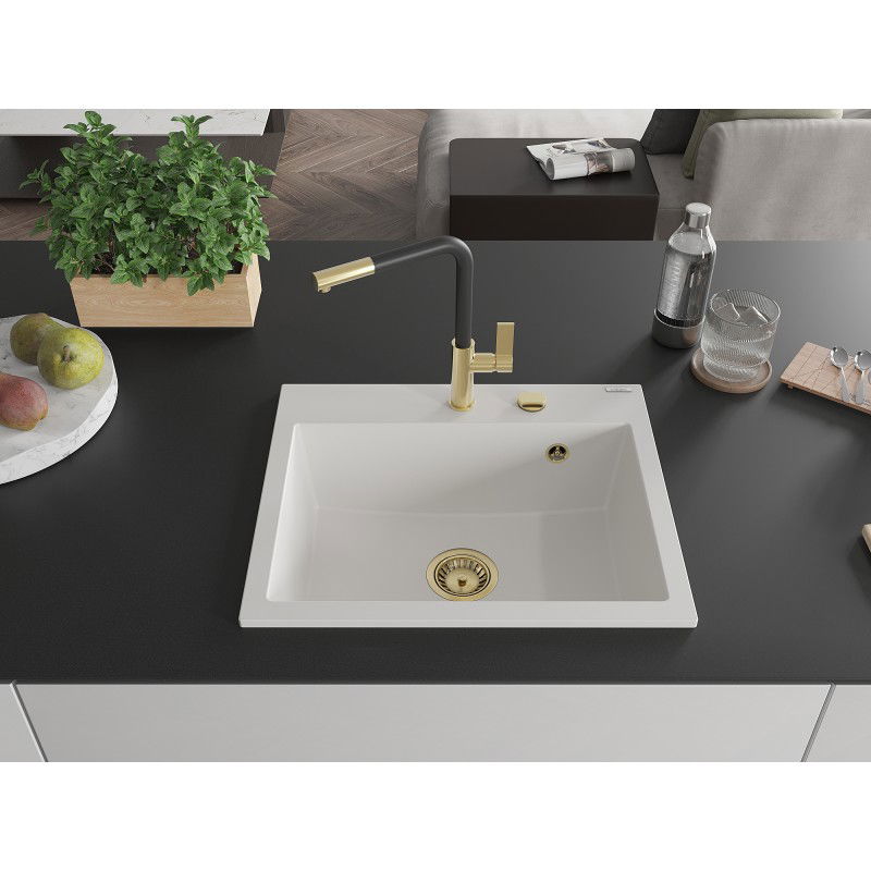 Mexen Oscar granitinis plautuvė 1-skyrius 580 x 490 mm, balta, sifonas auksinis - 6519581000-20-G