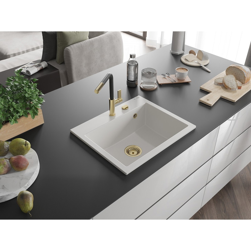 Mexen Oscar 1 lizdo granito kriauklė 580 x 490 mm, balta, auksinis sifonas - 6519581000-20-G