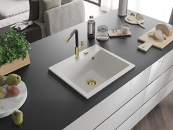 Mexen Oscar 1 lizdo granito kriauklė 580 x 490 mm, balta, auksinis sifonas - 6519581000-20-G