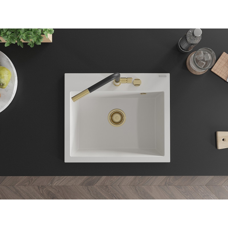 Mexen Oscar 1 lizdo granito kriauklė 580 x 490 mm, balta, auksinis sifonas - 6519581000-20-G