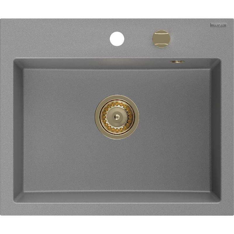 Mexen Oscar granitinė vienos kameros kriauklė 580 x 490 mm, pilka, auksinis sifonas - 6519581000-71-G