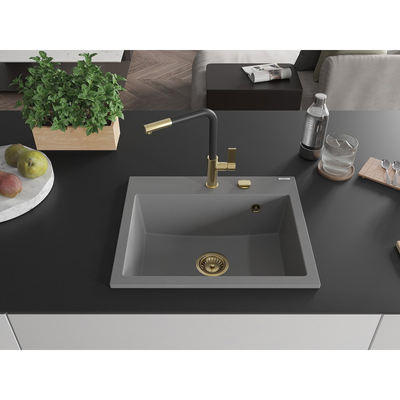 Mexen Oscar granitinė vienos kameros kriauklė 580 x 490 mm, pilka, auksinis sifonas - 6519581000-71-G