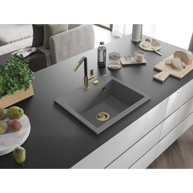 Mexen Oscar granitinė vienos kameros kriauklė 580 x 490 mm, pilka, auksinis sifonas - 6519581000-71-G