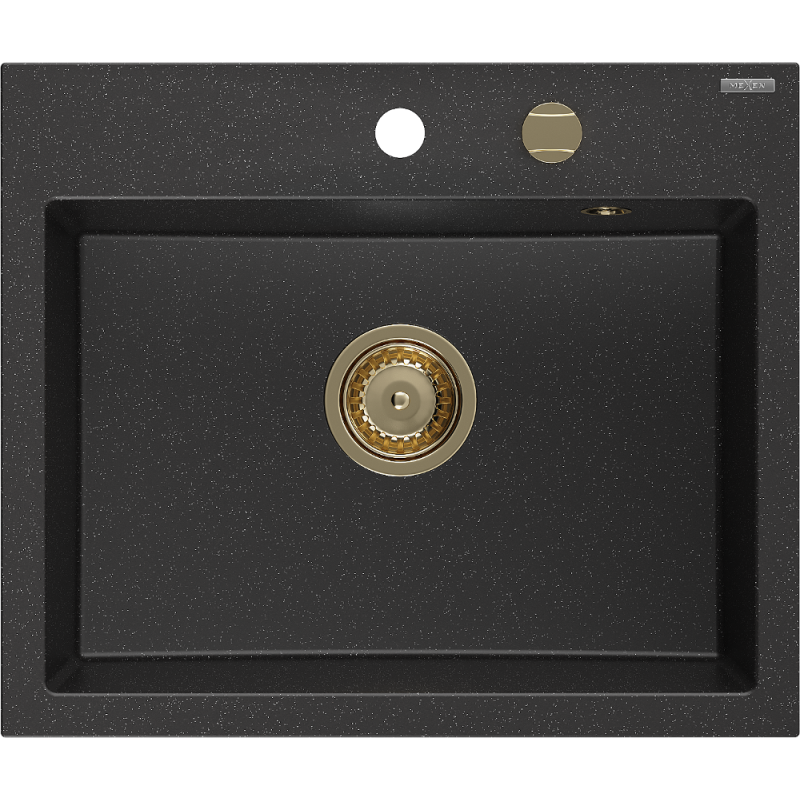 Mexen Oscar granitinė plautuvė 1 skyrius 580 x 490 mm, juoda/sidabrinė metalinė, auksinis sifonas - 6519581000-73-G