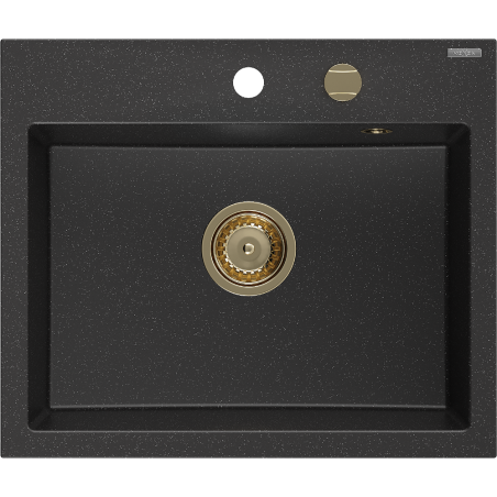 Mexen Oscar granitinė vienos talpos plautuvė 580 x 490 mm, juoda/sidabrinė metalo spalva, auksinis sifonas - 6519581000-73-G