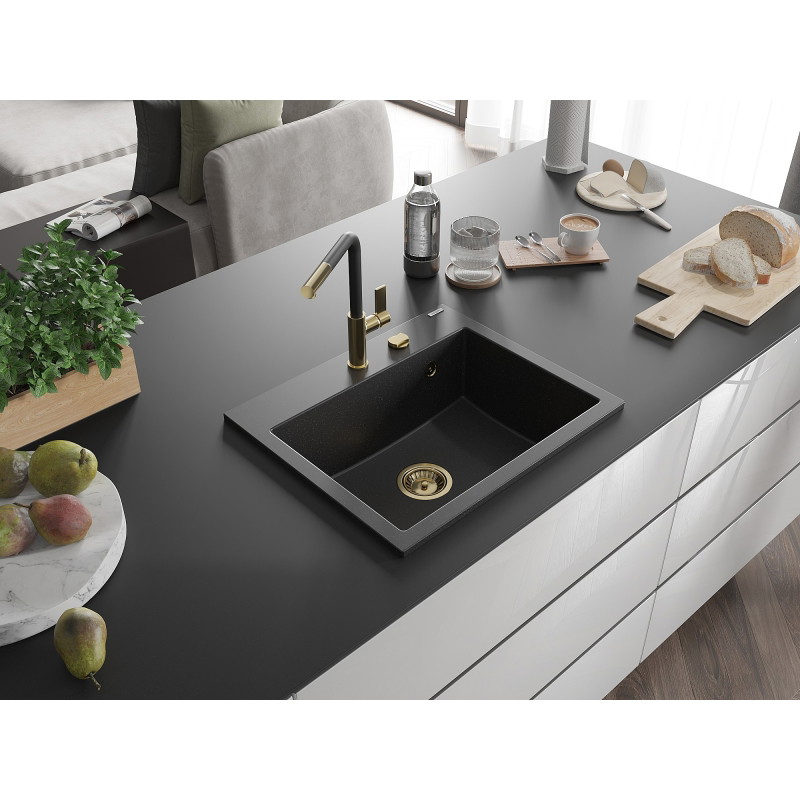 Mexen Oscar granitinė virtuvės kriauklė vienos kameros 580 x 490 mm, juoda/sidabrinė metalic, auksinis sifonas