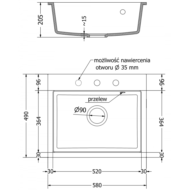 Mexen Oscar granitinis 1 dubens plautuvė 580 x 490 mm, juoda/auksinė metalika, sifonas auksinis - 6519581000-75-G