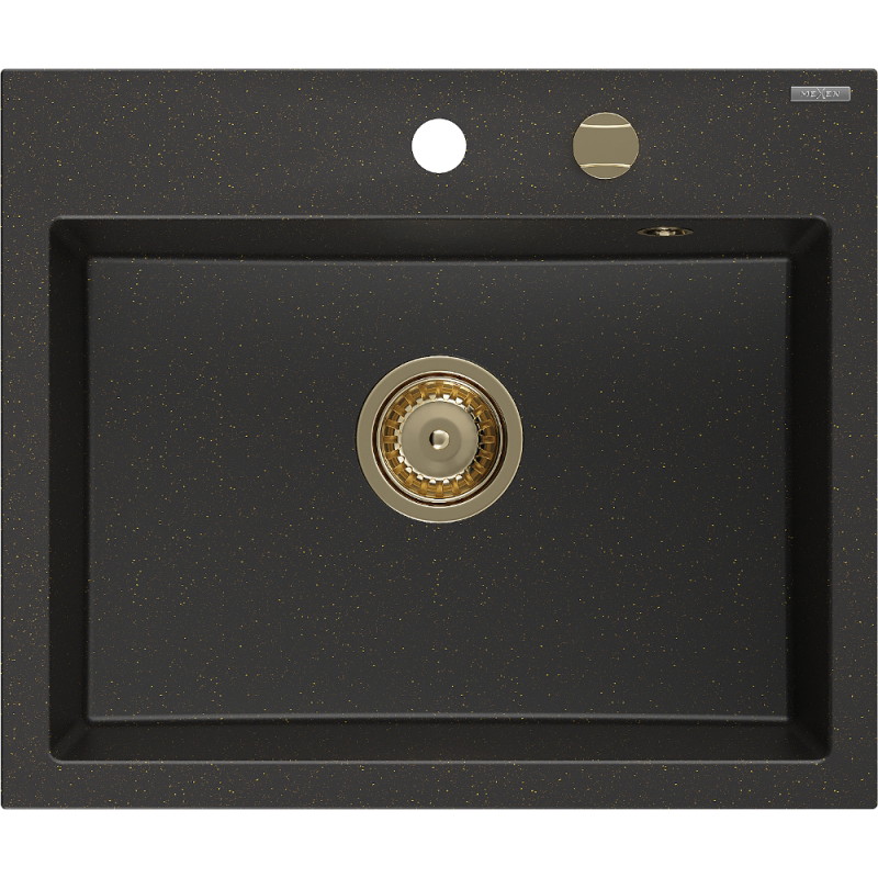 Mexen Oscar granitinė kriauklė 1 skyrius, 580 x 490 mm, juoda/aukso metalinė, sifonas auksinis - 6519581000-75-G