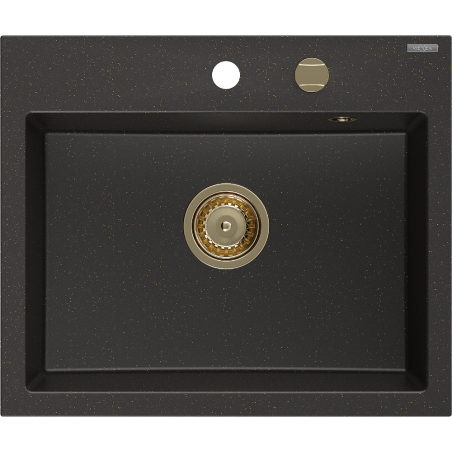Mexen Oscar granitinė kriauklė 1 skyrius, 580 x 490 mm, juoda/aukso metalinė, sifonas auksinis - 6519581000-75-G