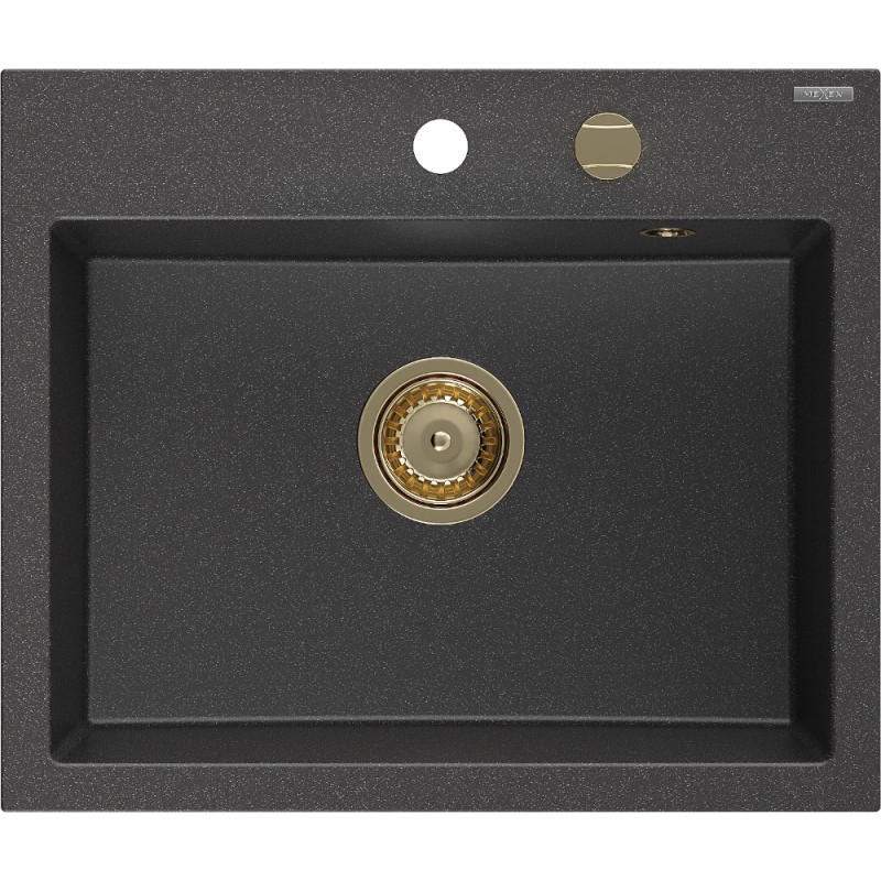 Mexen Oscar granitinė vienos kameros virtuvės kriauklė 580 x 490 mm, juoda taškuota, sifonas auksinis - 6519581000-76-G