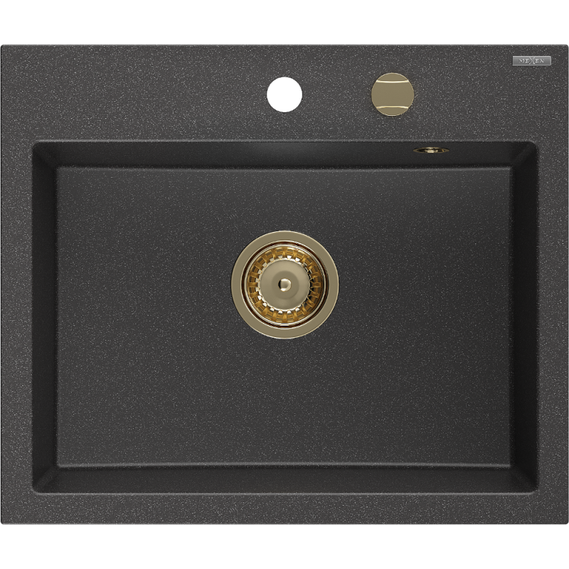 Mexen Oscar granito plautuvė 1 skyrius 580 x 490 mm, juoda dėmėta, sifonas auksinis - 6519581000-76-G