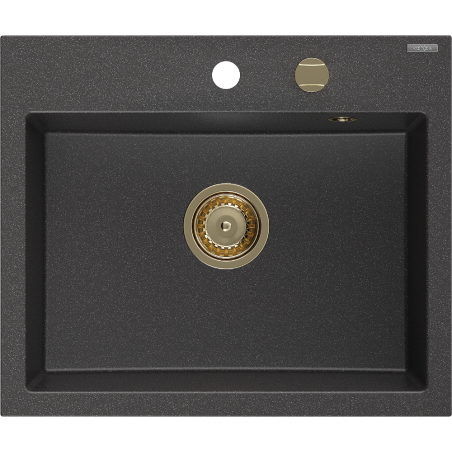 Mexen Oscar granitinė vienos kameros virtuvės kriauklė 580 x 490 mm, juoda taškuota, sifonas auksinis - 6519581000-76-G