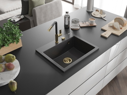Mexen Oscar granitinė vienos kameros virtuvės kriauklė 580 x 490 mm, juoda taškuota, sifonas auksinis - 6519581000-76-G