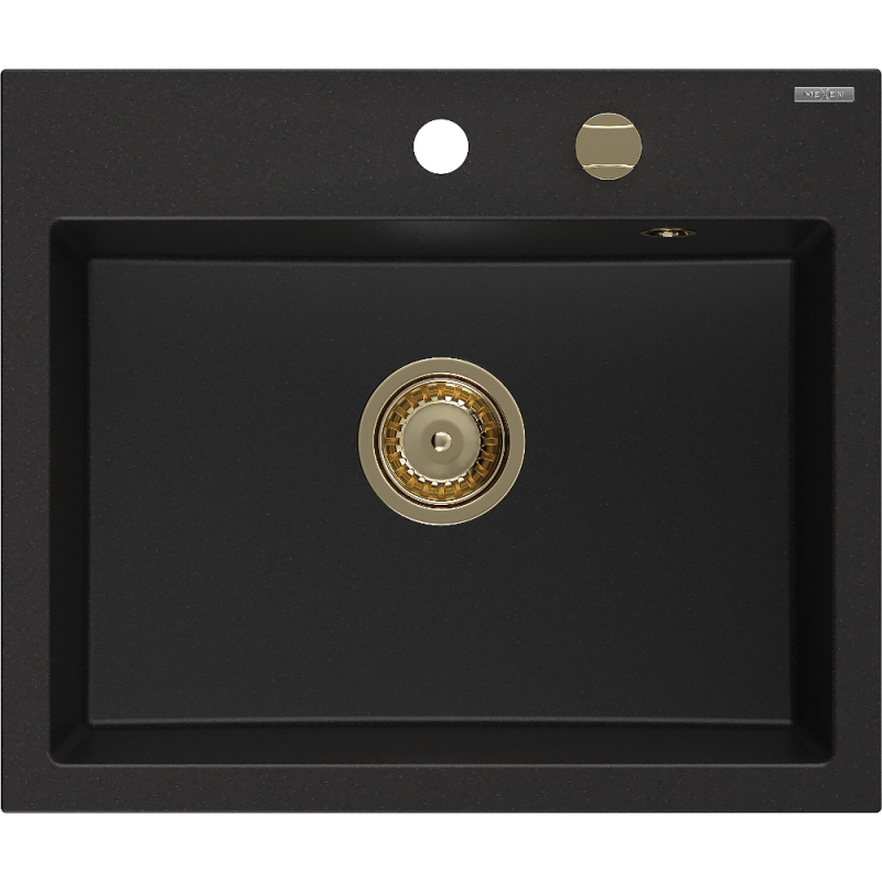 Mexen Oscar granitinė vienos kameros kriauklė 580 x 490 mm, juoda, sifonas auksinis - 6519581000-77-G