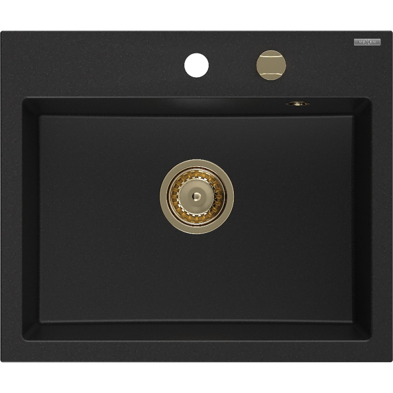 Mexen Oscar granito plautuvė vienos dalies 580 x 490 mm, juoda, auksinis sifonas - 6519581000-77-G
