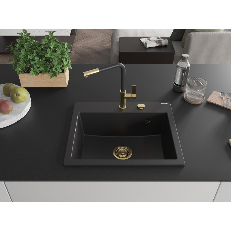 Mexen Oscar granito plautuvė vienos dalies 580 x 490 mm, juoda, auksinis sifonas - 6519581000-77-G