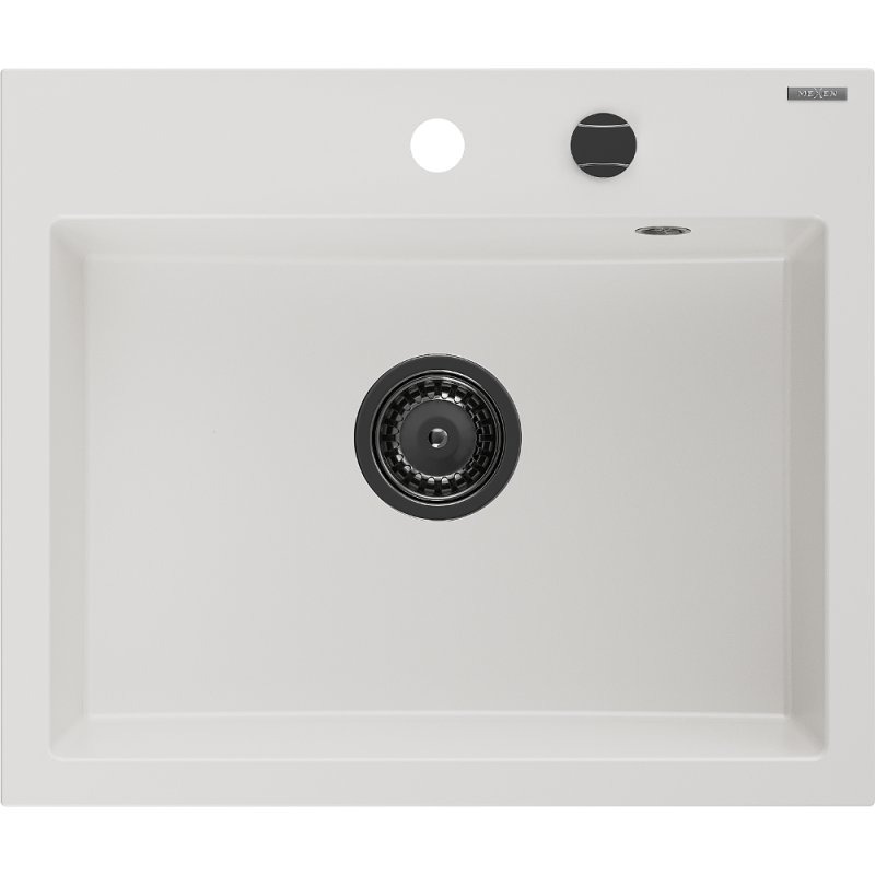 Mexen Oscar granito kriauklė su vienu skyriumi 580 x 490 mm, balta, juodas sifonas - 6519581000-20-B
