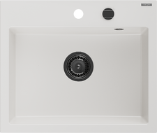 Mexen Oscar granito kriauklė su vienu skyriumi 580 x 490 mm, balta, juodas sifonas - 6519581000-20-B