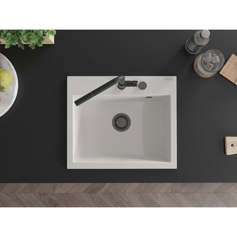 Mexen Oscar granito kriauklė su vienu skyriumi 580 x 490 mm, balta, juodas sifonas - 6519581000-20-B