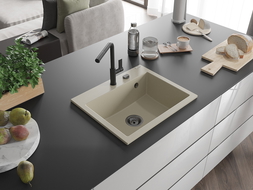 Mexen Oscar vienos plautuvės 580 x 490 mm granitinė kriauklė, smėlio spalvos, juodas sifonas - 6519581000-69-B