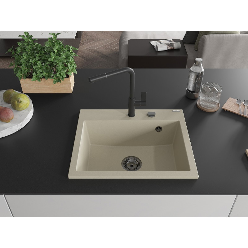 Mexen Oscar granitinė vienos talpos plautuvė 580 x 490 mm, smėlio spalvos, juodas sifonas - 6519581000-69-B