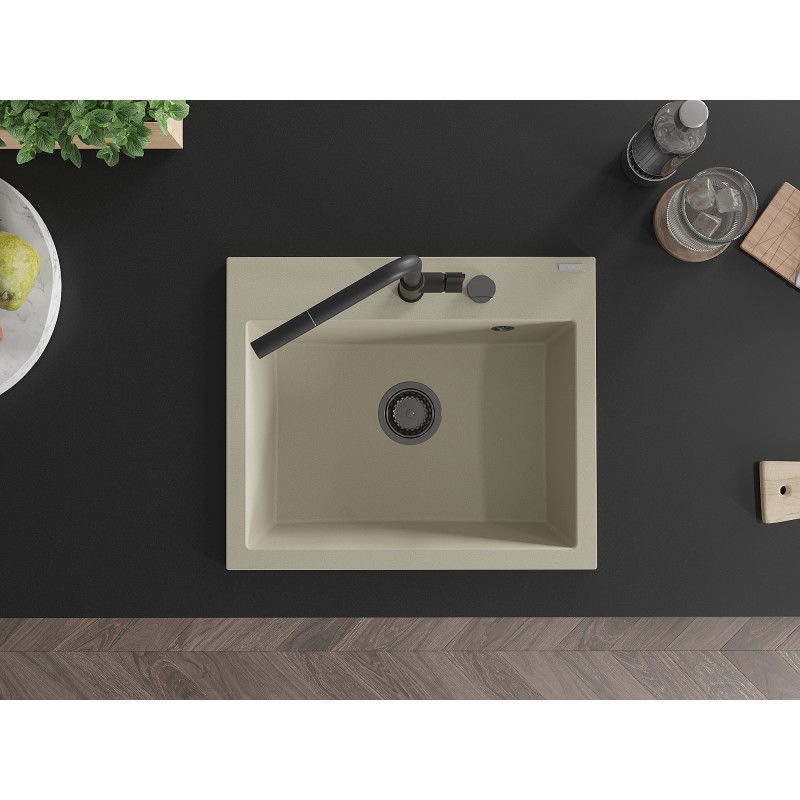 Mexen Oscar vienos plautuvės 580 x 490 mm granitinė kriauklė, smėlio spalvos, juodas sifonas - 6519581000-69-B