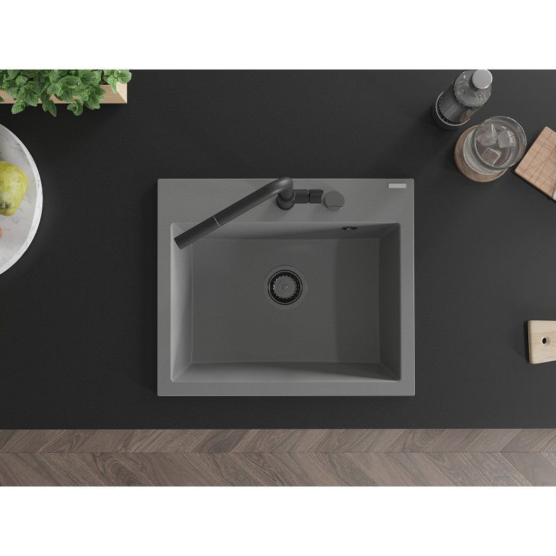 Mexen Oscar granitinė vienos kameros plautuvė 580 x 490 mm, pilka, juodas sifonas - 6519581000-71-B