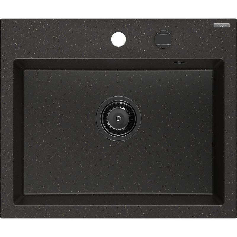 Mexen Oscar granito kriauklė vienos dalies 580 x 490 mm, juodas/auksinis metaliko, juodas sifonas - 6519581000-75-B
