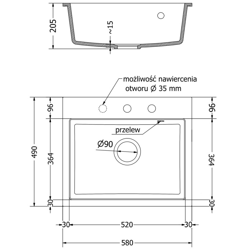 Mexen Oscar granitinė plautuvė 1-skyrius 580 x 490 mm, juoda dėmėta, juodas sifonas - 6519581000-76-B