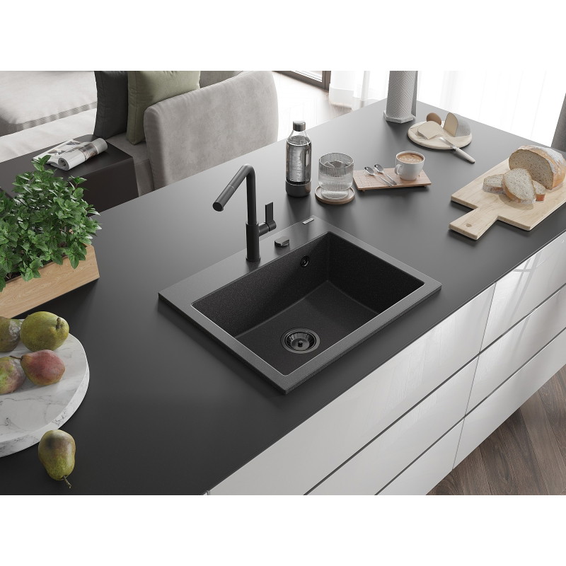 Mexen Oscar granitinė plautuvė 1-skyrius 580 x 490 mm, juoda dėmėta, juodas sifonas - 6519581000-76-B