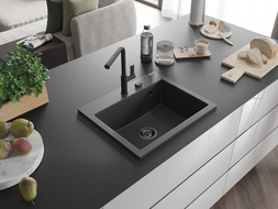 Mexen Oscar granitinė virtuvės kriauklė 1-skyrius, 580 x 490 mm, juoda su taškeliais, juodas sifonas - 6519581000-76-B