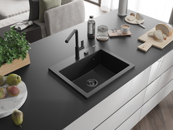 Mexen Oscar granito kriauklė vienos kameros 580 x 490 mm, juoda, juodas sifonas - 6519581000-77-B