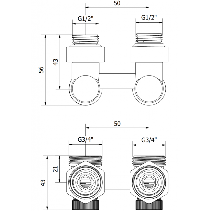 Mexen Uni-Term dviejų vamzdžių DN50 radiatoriaus vožtuvas, kampinis 1/2"x3/4", nikeliuotas - W911-012-01