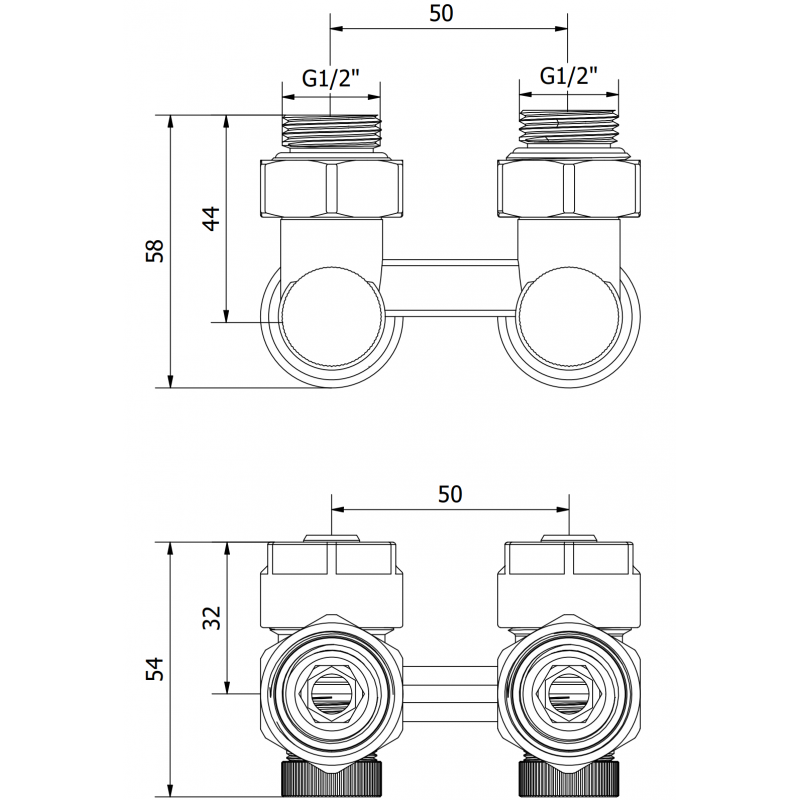 Mexen Uni-Term dviejų vamzdžių radiatoriaus vožtuvas DN50, kampinis 1/2"x16 mm, nikeliuotas - W911-016-01
