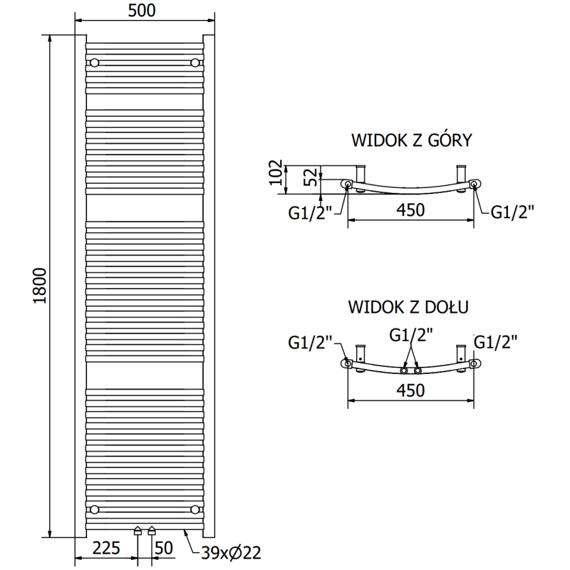 Mexen Ares vonios kambario radiatorius 1800 x 500 mm, 820 W, antracitas - W102-1800-500-00-66