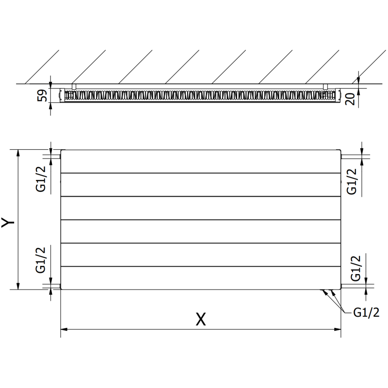 Mexen Line CVL11 plokščias radiatorius 600 x 1600 mm, apatinis jungimas, 1253 W, juodas - W611L-060-160-70