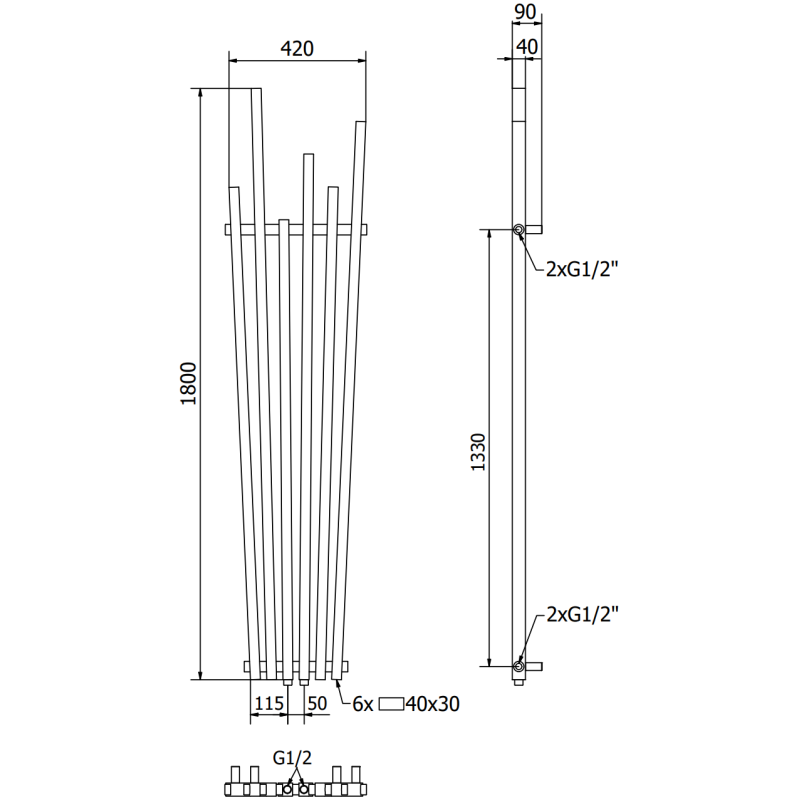 Mexen Omaha dekoratyvinis radiatorius 1800 x 420 mm, 655 W, antracitas - W208-1800-420-00-66
