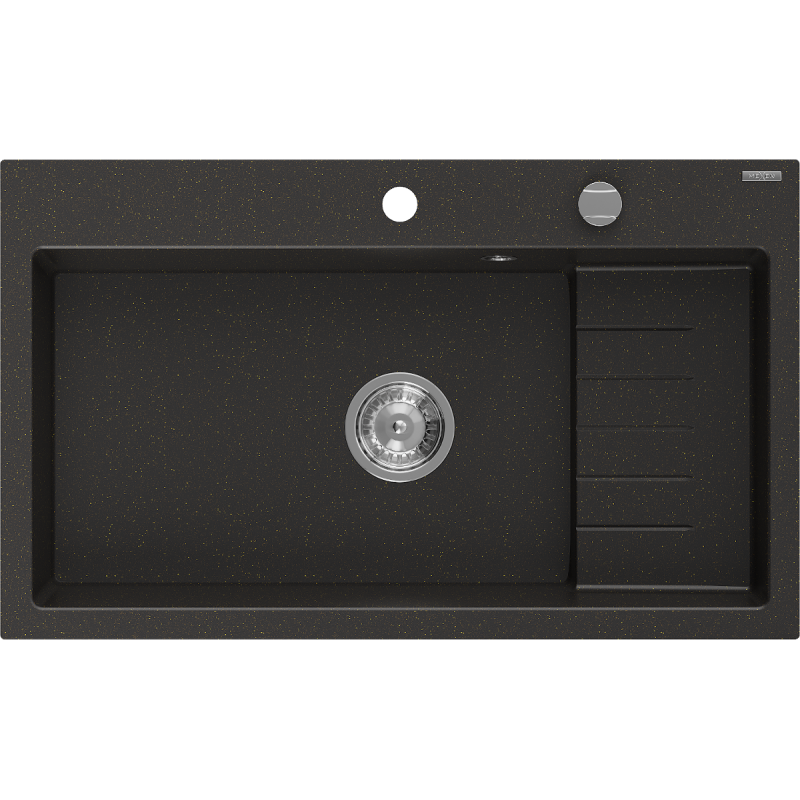 Mexen Omar granito virtuvės kriauklė, vienos sekcijos, 800 x 480 mm, juoda/aukso metalo, sifonas chromuotas - 6520801005-75