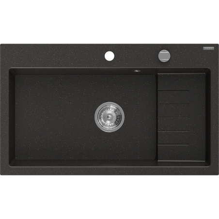 Mexen Omar granito virtuvės kriauklė, vienos sekcijos, 800 x 480 mm, juoda/aukso metalo, sifonas chromuotas - 6520801005-75