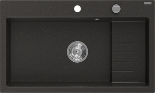 Mexen Omar granito virtuvės kriauklė, vienos sekcijos, 800 x 480 mm, juoda/aukso metalo, sifonas chromuotas - 6520801005-75