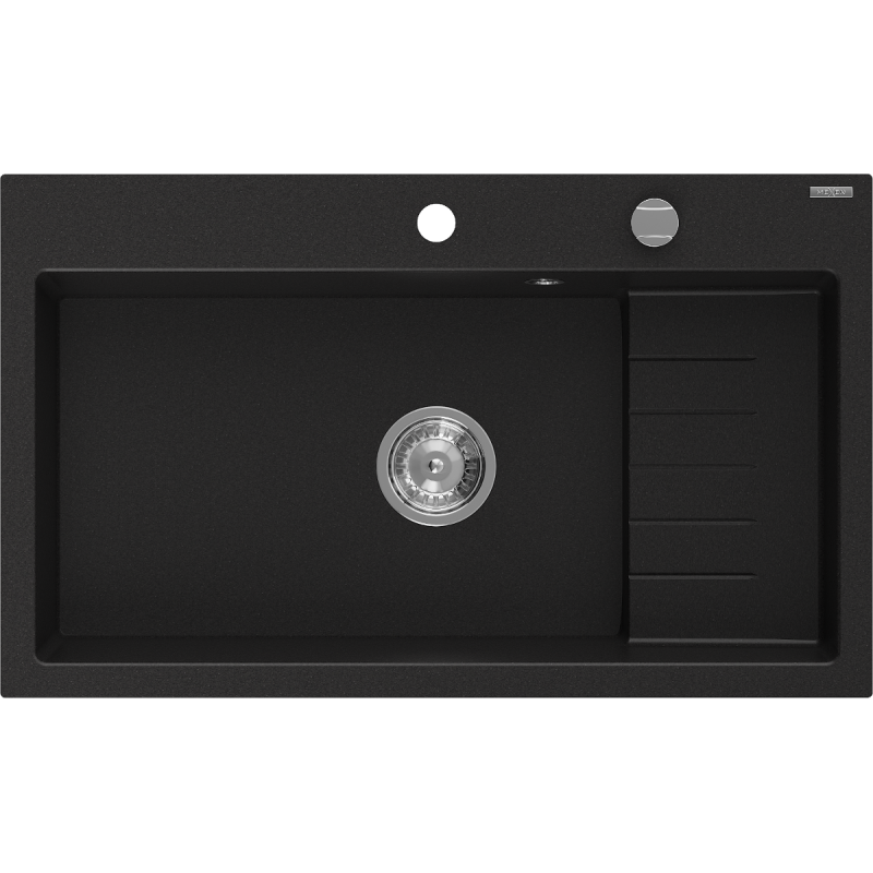 Mexen Omar virtuvės kriauklė iš granito 1 skyrius 800 x 480 mm, juoda, chromuotas sifonas - 6520801005-77