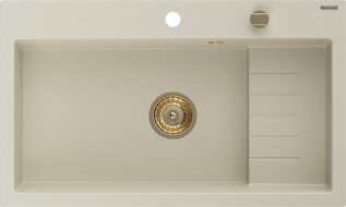 Mexen Omar granitinė vienos kameros virtuvės kriauklė 800 x 480 mm, smėlio spalvos, sifonas auksinis - 6520801005-69-G