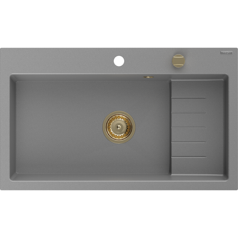 Mexen Omar granito plautuvė vienos kameros 800 x 480 mm, pilka, auksinis sifonas - 6520801005-71-G