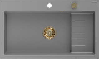 Mexen Omar granito plautuvė vienos kameros 800 x 480 mm, pilka, auksinis sifonas - 6520801005-71-G
