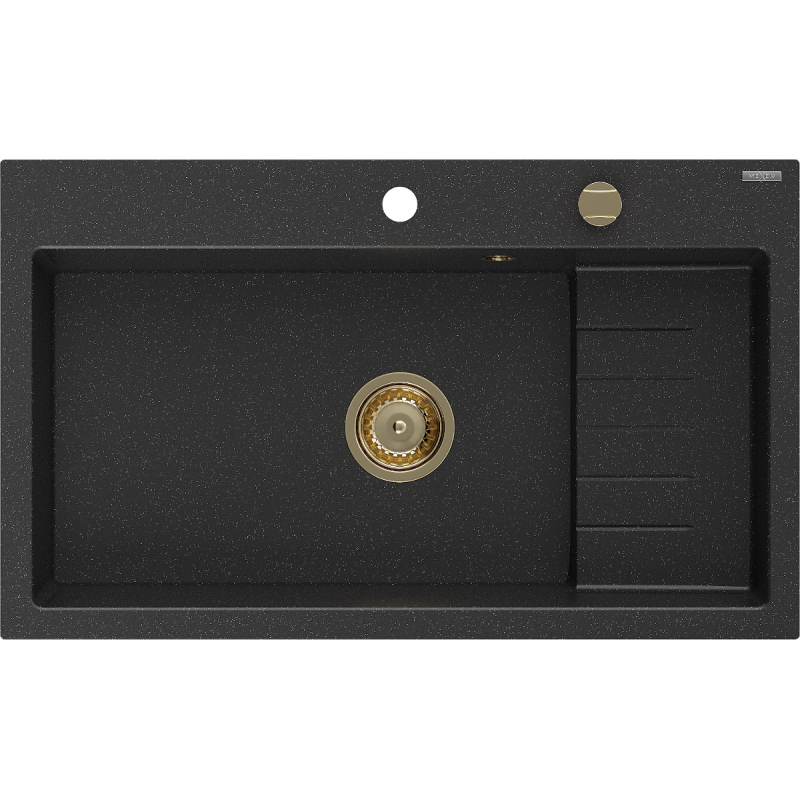 Mexen Omar granitinė vienos sekcijos plautuvė 800 x 480 mm, juoda/sidabrinė metaliko spalva, aukso sifonas - 6520801005-73-G