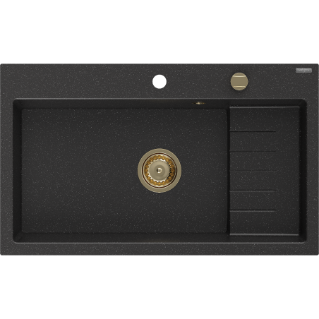 Mexen Omar granitinė vienos sekcijos plautuvė 800 x 480 mm, juoda/sidabrinė metaliko spalva, aukso sifonas - 6520801005-73-G