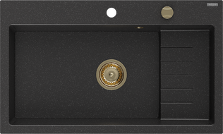 Mexen Omar granitinė vienos sekcijos plautuvė 800 x 480 mm, juoda/sidabrinė metaliko spalva, aukso sifonas - 6520801005-73-G