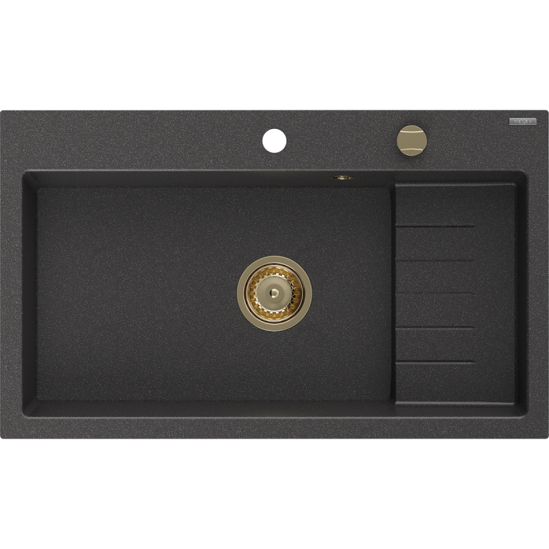 Mexen Omar granitinis plautuvės vienos kameros 800 x 480 mm, juodas taškuotas, auksinis sifonas - 6520801005-76-G
