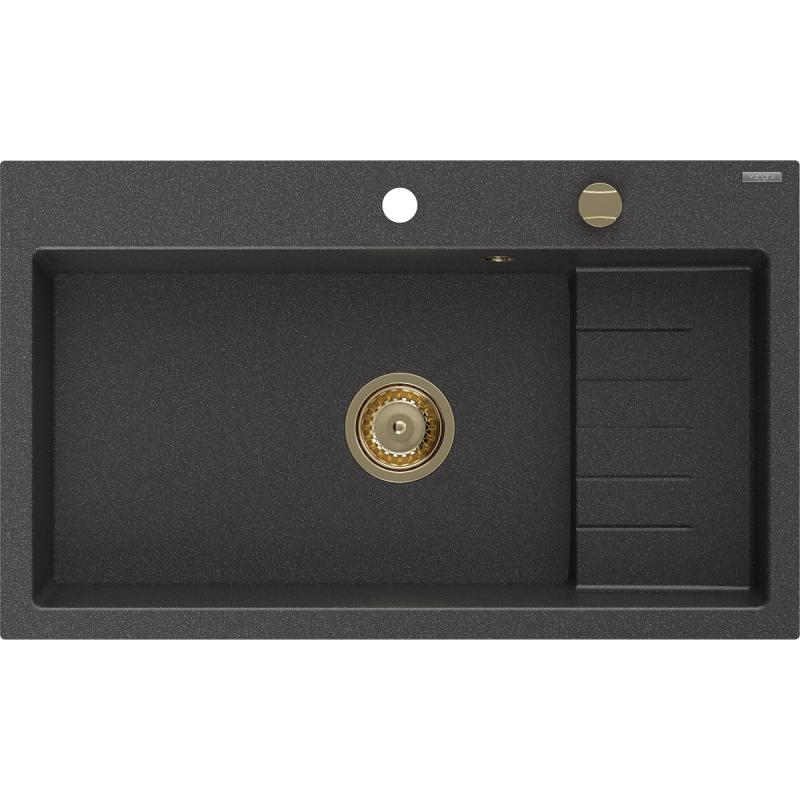 Mexen Omar granito plautuvė 1-skyrius 800 x 480 mm, juodas dėmėtas, sifonas auksinis - 6520801005-76-G